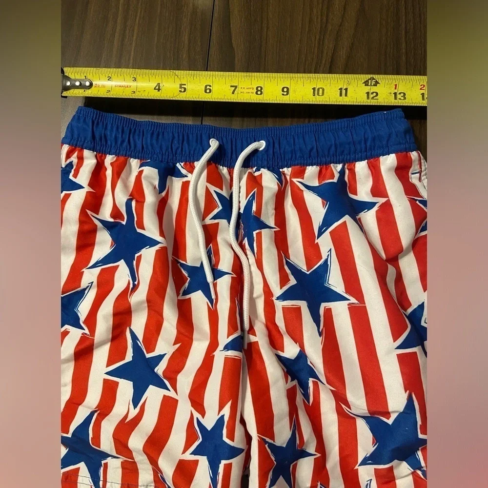 Mad Engine Men’s Small Patriotic Blue and Red Star USA American Flag Swim Trunks